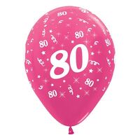  30cm Age 80 Metallic Fuchsia Latex Balloons 6 Pack