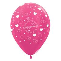 30cm Engagement Diamond Rings & Hearts Metallic Fuchsia Latex Balloons 6 Pack