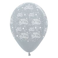 30cm Happy Birthday Stars Satin Pearl Silver Latex Balloons 25 Pack