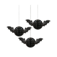 Black Bat Hanging Honeycomb Decorations 7.5cm 3 Pack