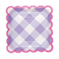 Pastel Gingham Purple Scalloped Edge Square Paper Plates 18cm 8 Pack