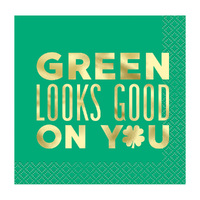 Green Charming Shamrock Foil Stamped Beverage Napkins 2ply 16 Pack