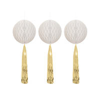 Honeycomb Balls Bright White With Gold Foil Tassel Tails 3 Pack