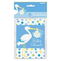 Baby Boy Stork Invitations   8 Pack
