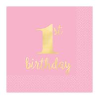1st Birthday Pink Beverage Napkins Hot Stamped 16 Pack