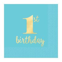1st Birthday Blue Beverage Napkins Hot Stamped 16 Pack
