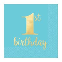 1st Birthday Blue Lunch Napkins Hot Stamped 16 Pack