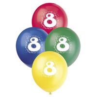 30cm No 8 - Assorted Colours Printed Balloons 6 Pack