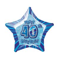 50cm Glitz Blue 40th Birthday Star Foil Balloon Packaged