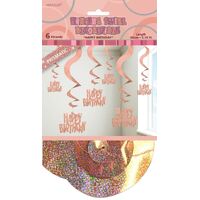 Glitz Rose Gold 6 Prismatic Hanging Swirls 66cm - Happy Birthday