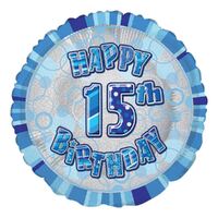 45cm Glitz Blue 15th Birthday Round Foil Balloon Packaged