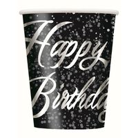 Glitz Silver Happy Birthday Foil stamped Paper Cups 8 Pack 270ml