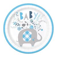 Floral Elephant Baby Shower Blue Paper Plates 22cm 8 Pack