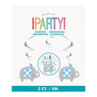 Floral Elephant Baby Shower Blue Hanging Swirl Decorations 3 Pack