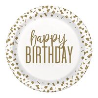 Gold Confetti Happy Birthday Paper Plates 17cm 8 Pack
