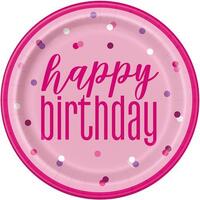 Pink Happy Birthday Paper Plates 23cm 8 Pack