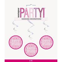 Pink 6 Prismatic Hanging Swirl Decorations  - Happy Birthday 81cm