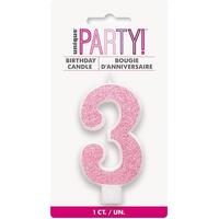 Number Candle 3 - Glitter Pink