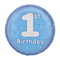 45cm Glitz Blue "1st Birthday" Foil Prismatic Balloon Packaged