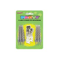 12 Candles In Holders With Cake Decoration -Silver