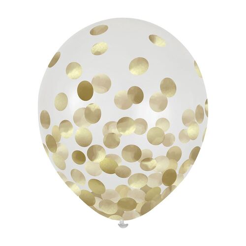 30cm Latex Balloons & Confetti Gold 6 Pack