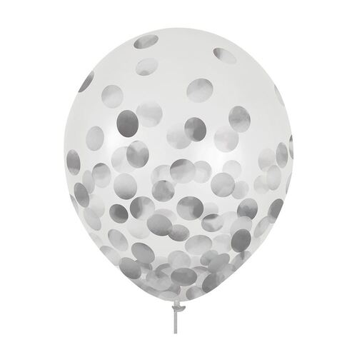 30cm Latex Balloons & Confetti Silver 6 Pack