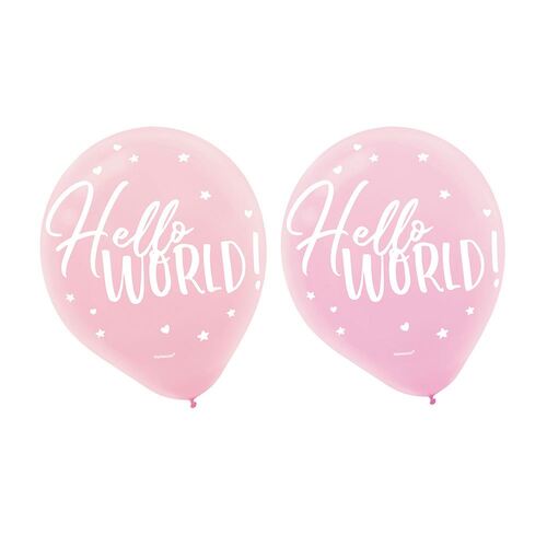 Oh Baby Girl Assorted Hello World Latex Balloons 30cm 15 Pack