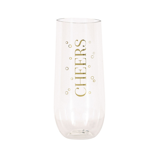 Gold Foil Stamped "Cheers" Plastic Stemless Champagne Flute 266ml 