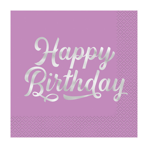 Happy Birthday Purple Foil Stamped Luncheon Napkins 2ply 33cm X 33cm 16 Pack