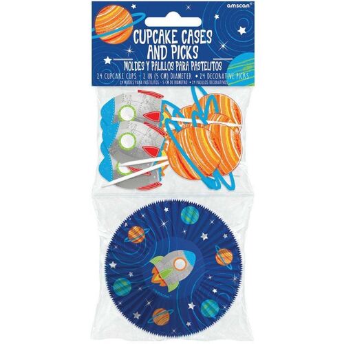 Blast Off Birthday Cupcake Cases & Picks Set 48 Pack