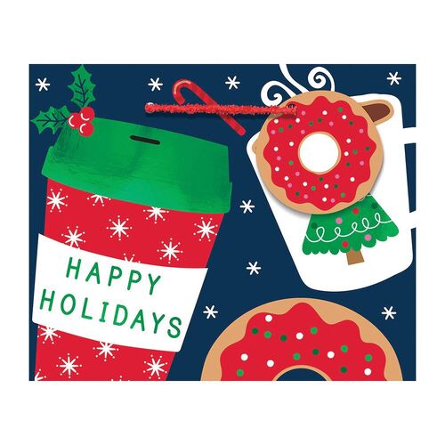 Coffee & Donuts Happy Holidays Small Horizontal Gift Bag & Gift Tag Foil Hot Stamped