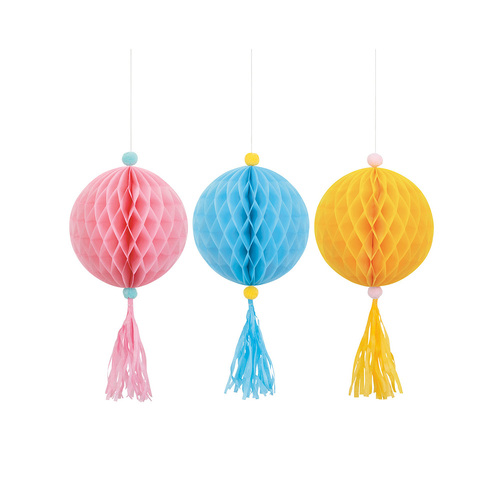 Pastel Honeycomb Decorations With Tassels Assorted Colours 3 Pack