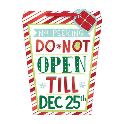No Peeking Do Not Open Till Dec 25th Large Tapered Gift Bag & Gift Tag Foil Hot Stamped