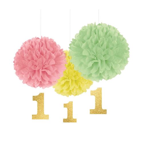 1st Birthday Girl Fluffy Decorations & Glittered Cutouts 3 Pack