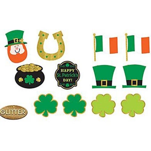 St. Patrick's Day Assorted Cardboard Cutouts Glittered 12 Pack