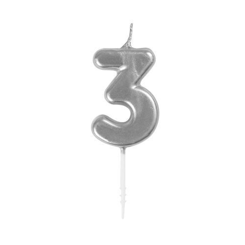 Mini Silver Numeral Pick Candles Number 3