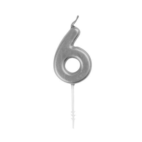 Mini Silver Numeral Pick Candles Number 6