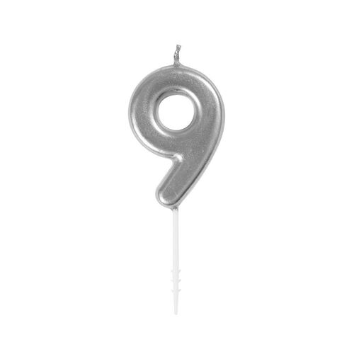 Mini Silver Numeral Pick Candles Number 9