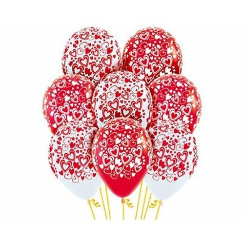 Double Hearts On Red & White  30cm 12 Pack Balloons