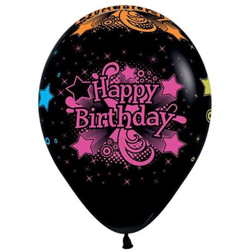 Happy Birthday Black & Neon  30cm 12 Pack Balloons