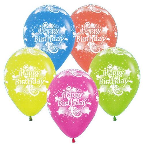 Happy Birthday Assorted & Neon  30cm 12 Pack Balloons