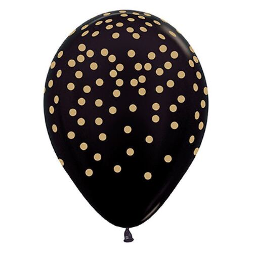 Gold Confetti On Metallic Black  30cm 12 Pack Balloons