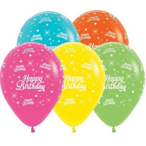 30cm Happy Birthday Twinkling Stars Tropical Assorted Latex Balloons 25 Pack