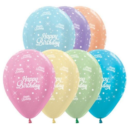 30cm Happy Birthday Twinkling Stars Satin Pearl Assorted Latex Balloons 25 Pack