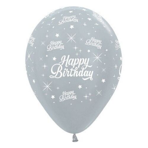 30cm Happy Birthday Twinkling Stars Satin Pearl Silver Latex Balloons 25 Pack