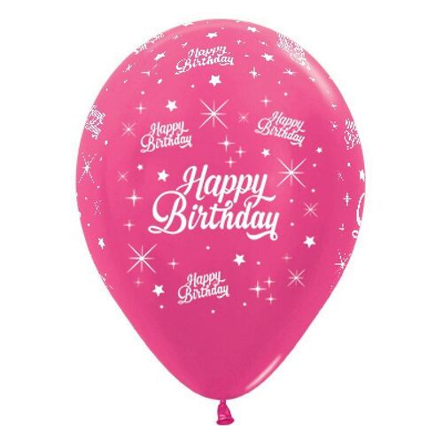 30cm Happy Birthday Twinkling Stars Metallic Fuchsia Latex Balloons 25 Pack