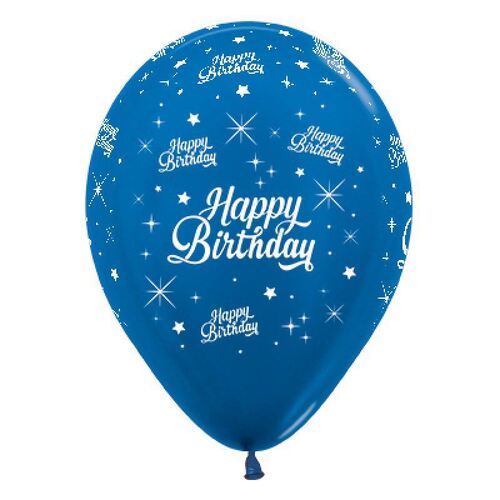 30cm Happy Birthday Twinkling Stars Metallic Blue Latex Balloons 25 Pack