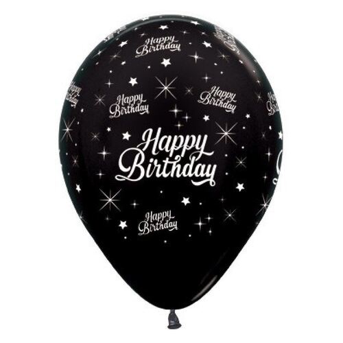 30cm Happy Birthday Twinkling Stars Metallic Black Latex Balloons 25 Pack