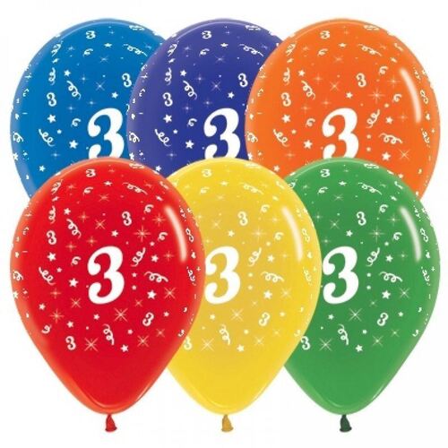  30cm Age 3 Crystal Assorted Latex Balloons 25 Pack