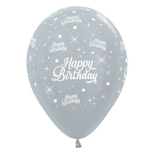 30cm Happy Birthday Twinkling Stars Satin Pearl Silver Latex Balloons 6 Pack
